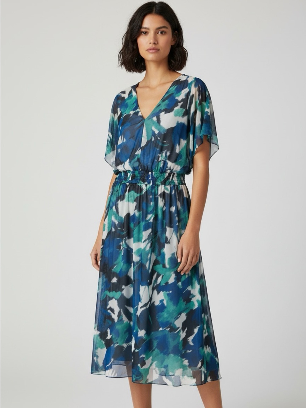 New DKNY Blue and Green Abstract V-Neck Midi Dress size 14 W